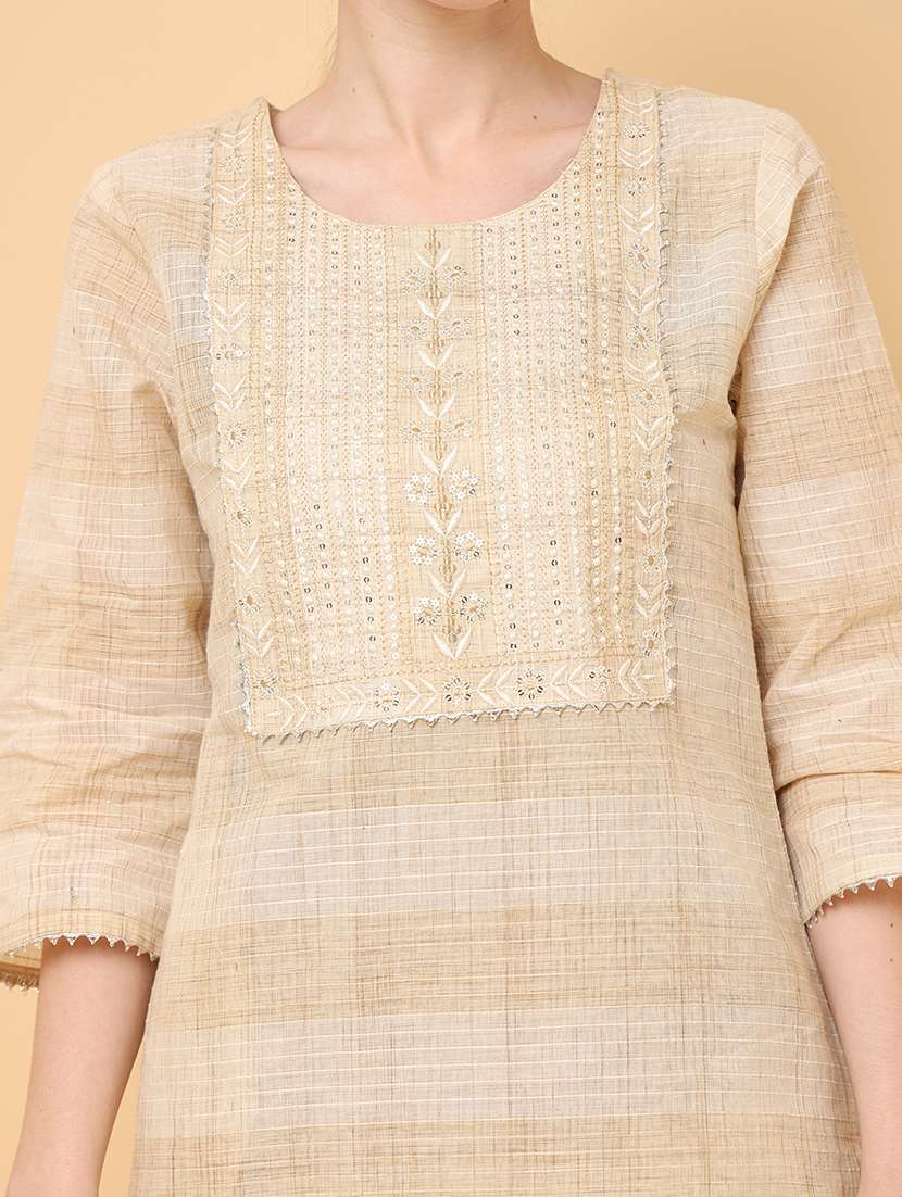 women beige round neck kurta pant set - 20826564 -  Standard Image - 5