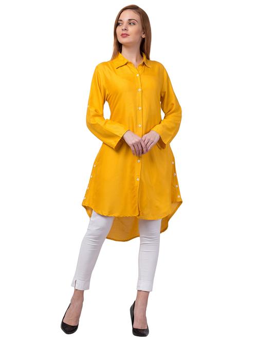 women yellow solid shirt collar high-low kurti - 20826915 - Standard Image - 0