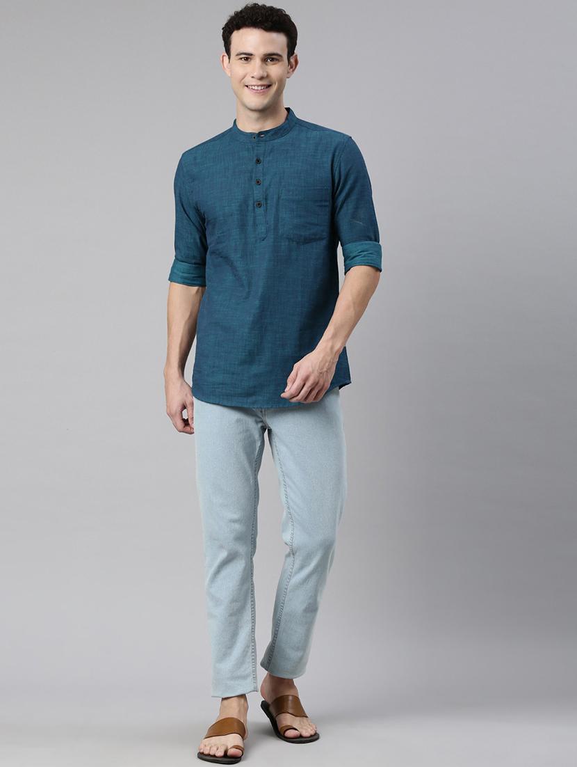teal mandarin neck short kurta - 20827401 - Standard Image - 3