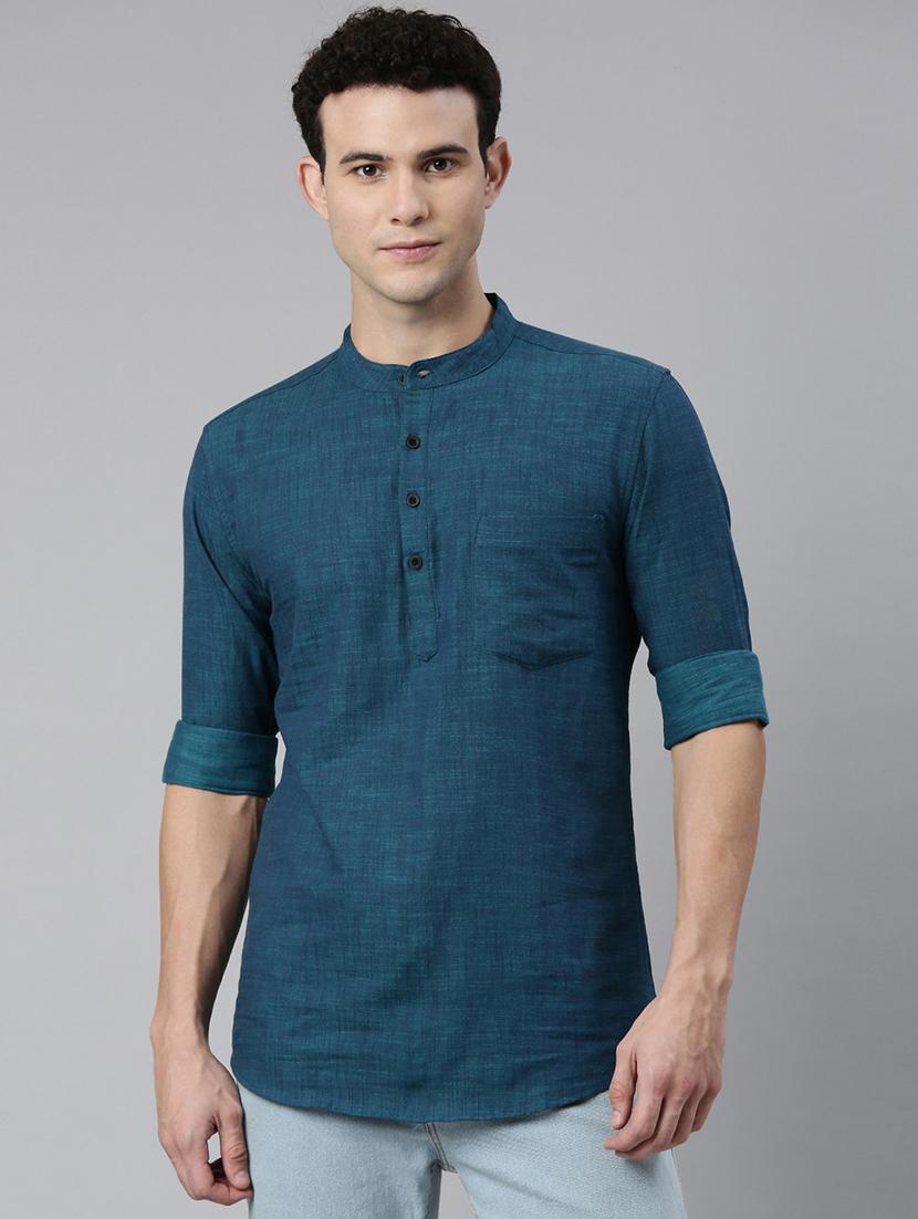 teal mandarin neck short kurta - 20827402 - Zoom Image - 0