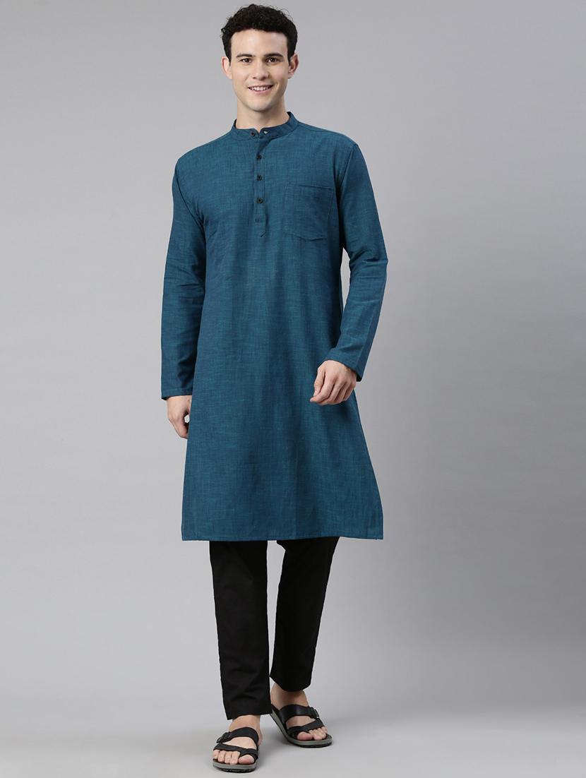 teal mandarin neck long kurta - 20827413 - Zoom Image - 0