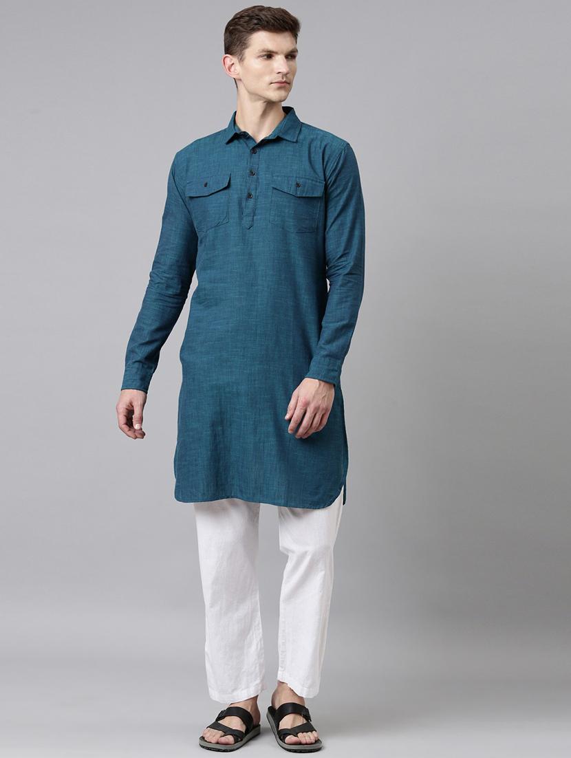 teal shirt collar paithani kurta - 20827422 - Zoom Image - 0