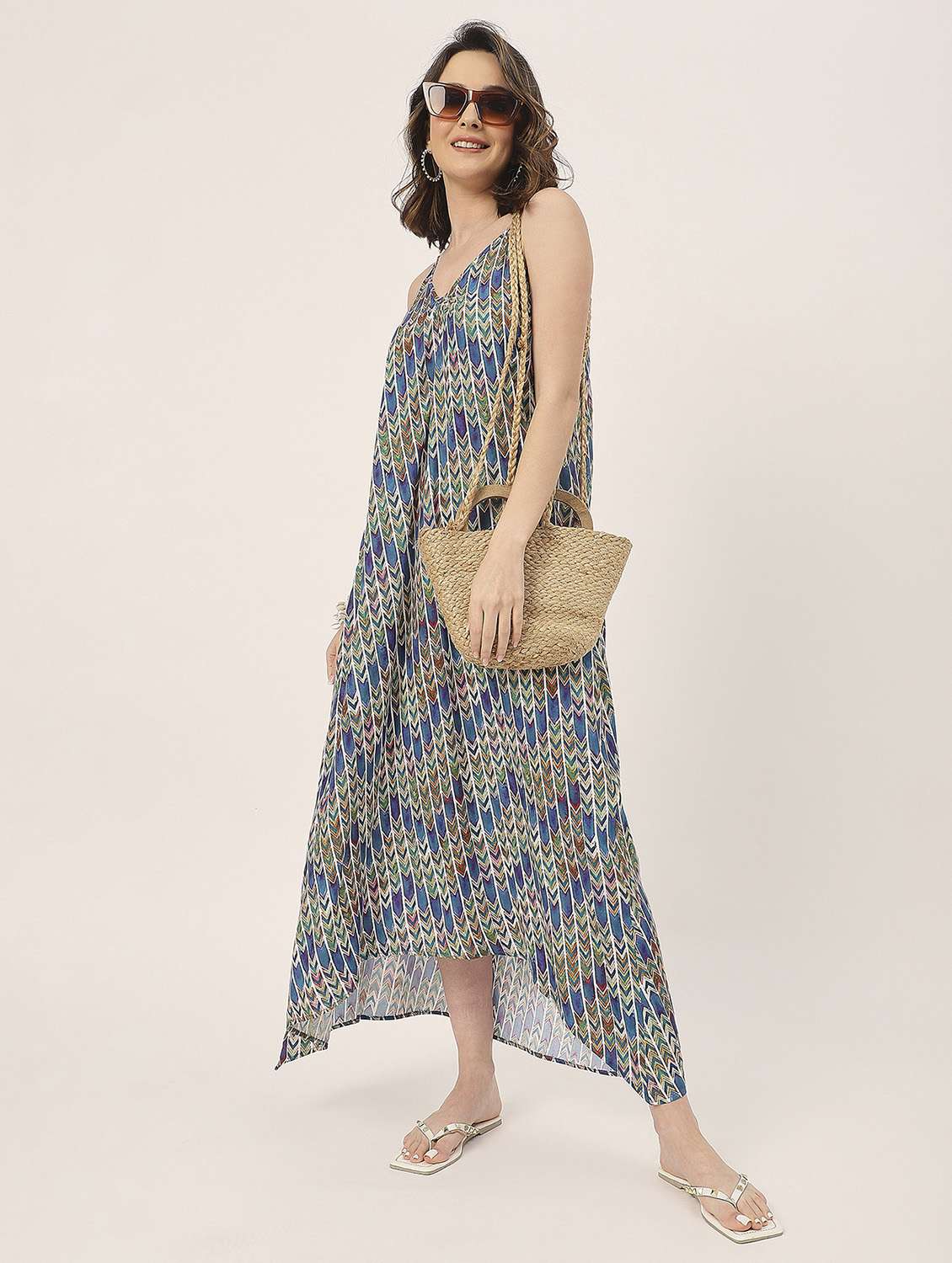 women blue printed high- low dress