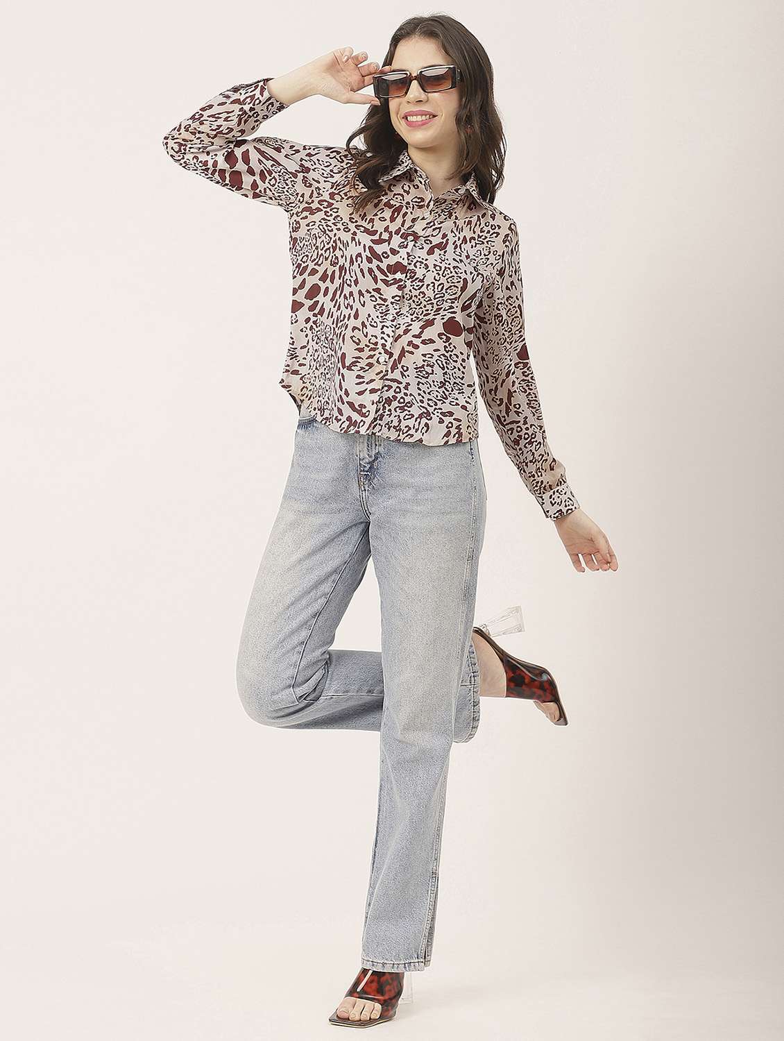 brown satin animal print shirt - 20827664 -  Standard Image - 3