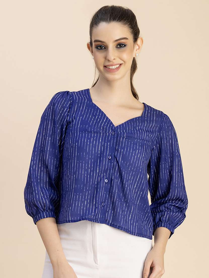 navy blue self design striped top