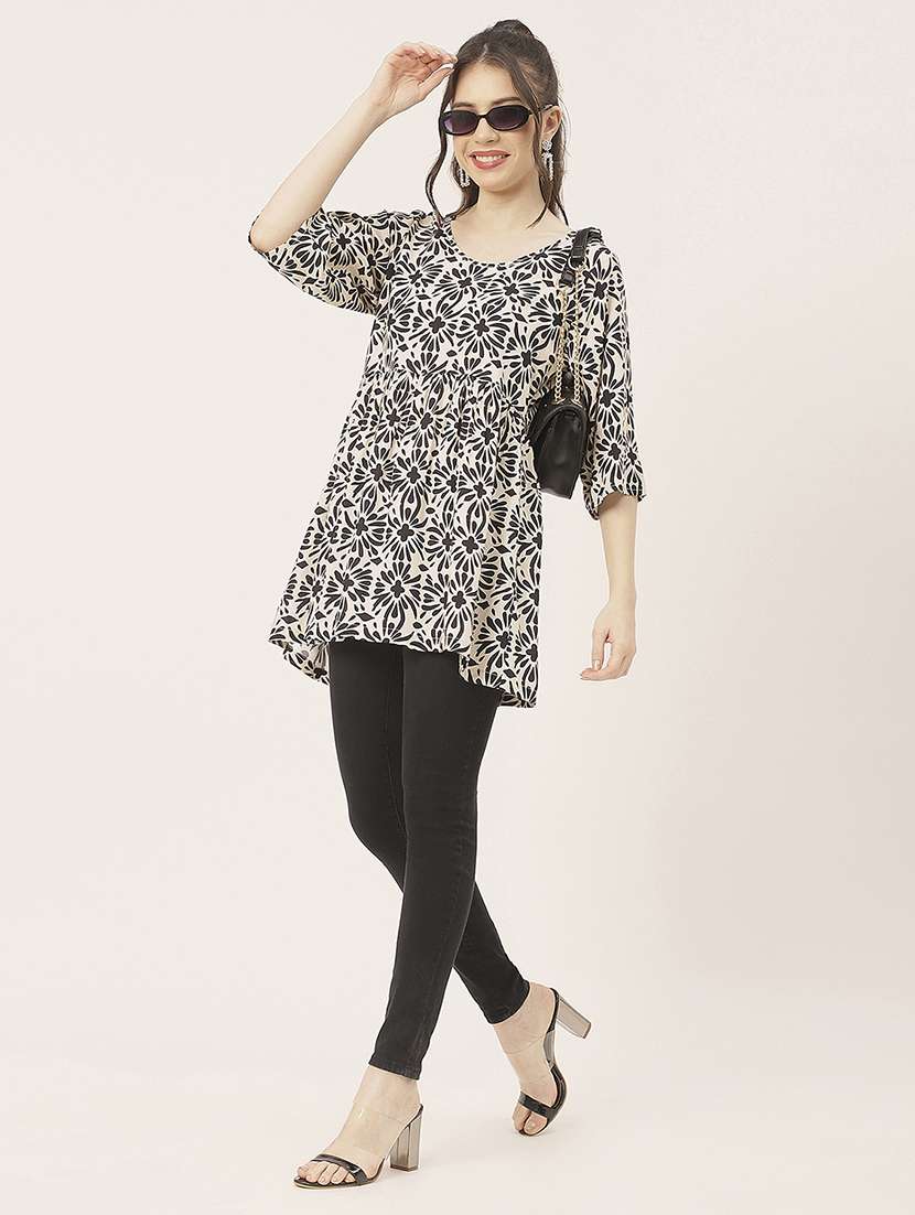 women beige block printed flared top - 20827743 -  Standard Image - 3