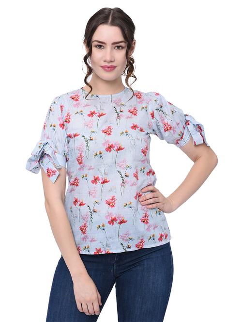 light blue floral print crepe regular top - 20829342 - Standard Image - 0