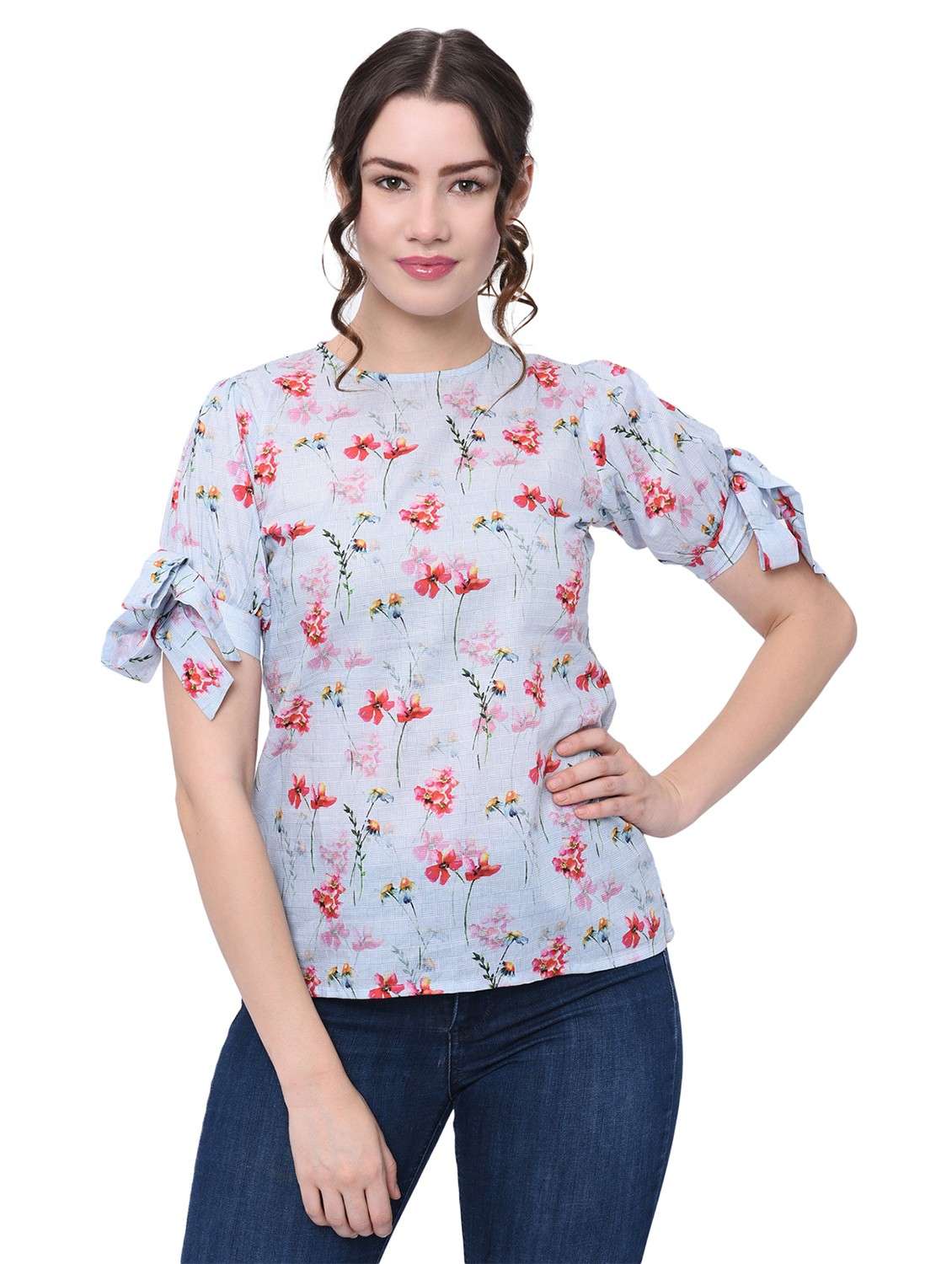 women light blue floral printed regular top - 20829485 - Zoom Image - 0