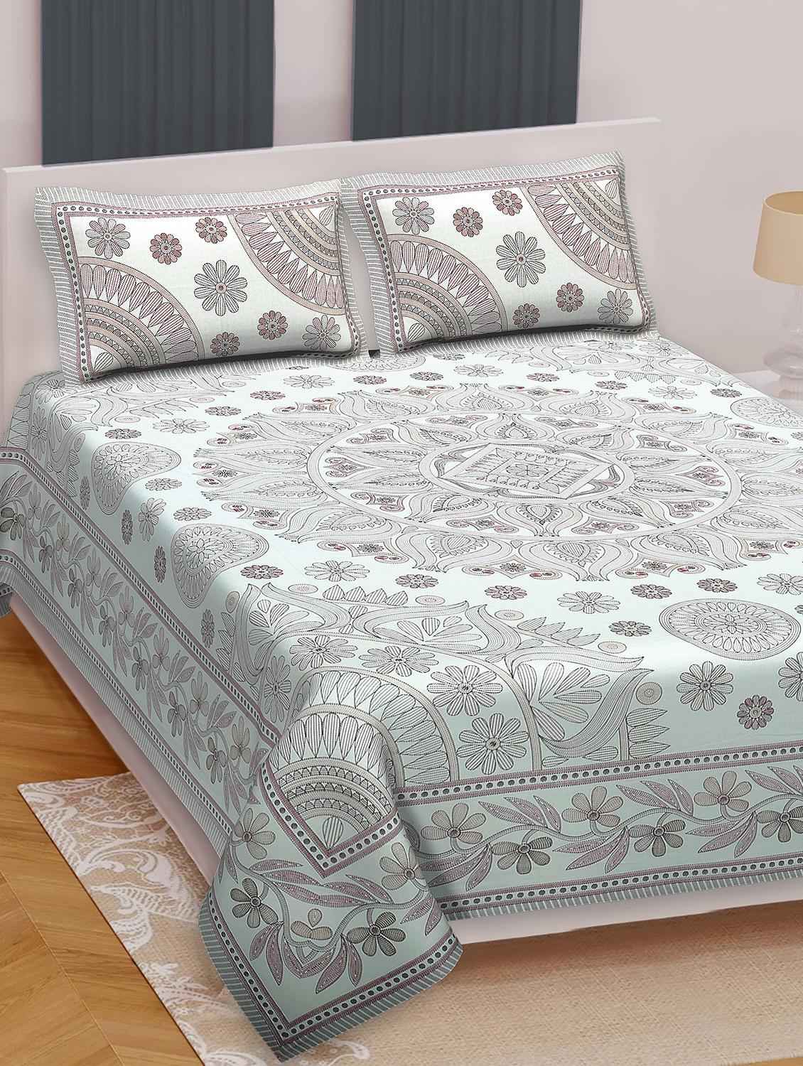 texstylers cotton printed kantha pattern traditional jaipuri queen size bedsheet with 2 pillow covers - 20829805 - Zoom Image - 0
