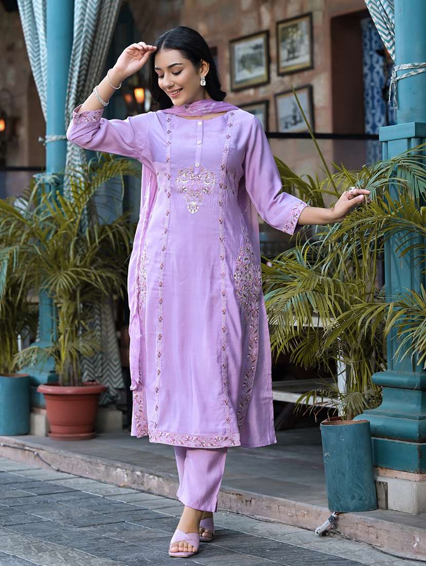 women lavender round neck kurta pant set with dupatta - 20829993 -  Standard Image - 3