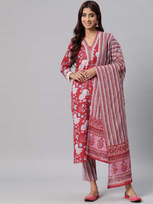 women three quarter sleeve kurta pant with dupatta set - 20830014 -  Standard Image - 0