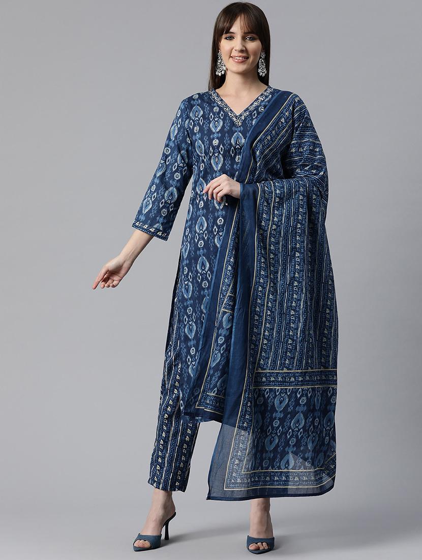 women blue printed kurta pant set with dupatta - 20830030 - Zoom Image - 0