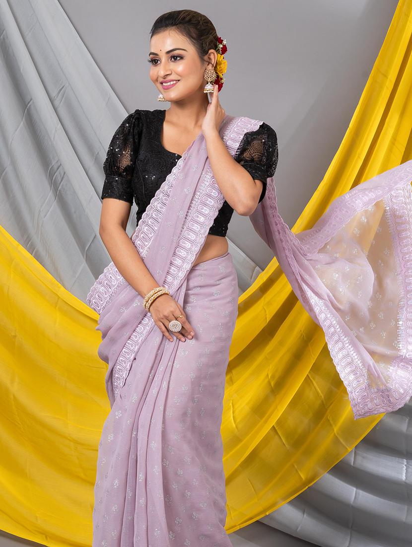 women solid with work bordered saree with blouse - 20830273 - Standard Image - 3