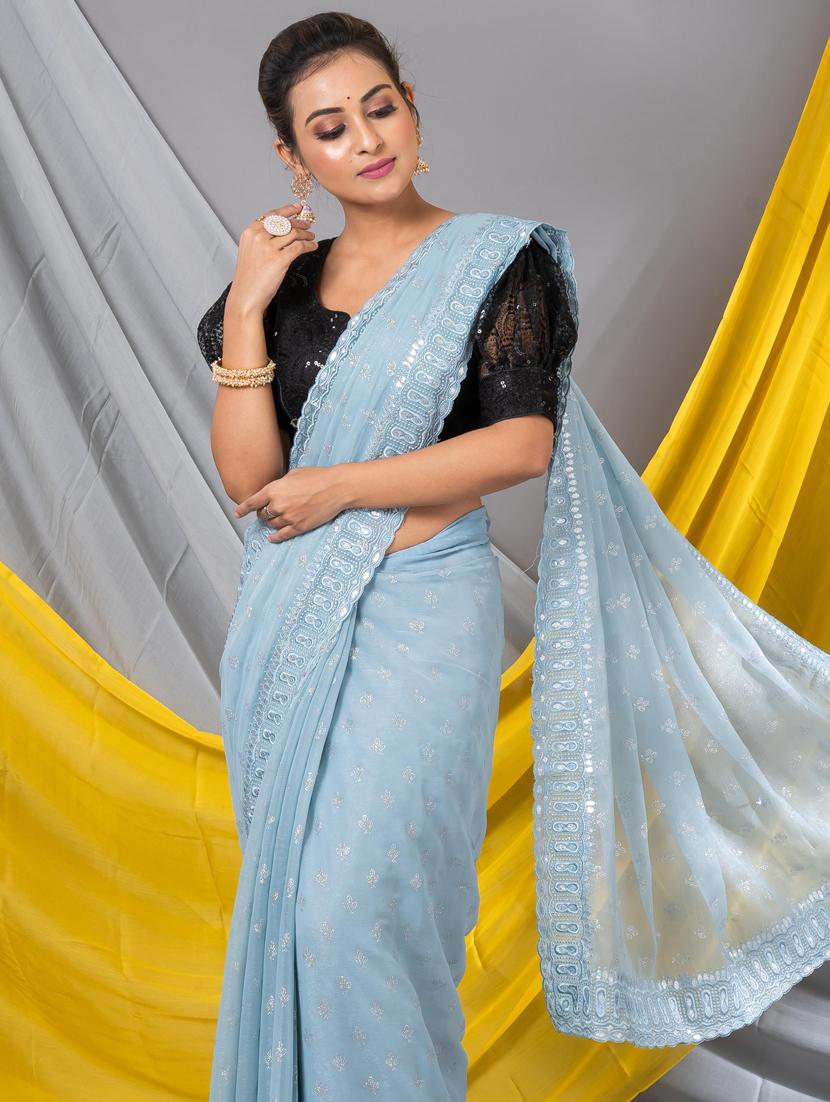 women solid with work bordered saree with blouse - 20830278 - Standard Image - 3