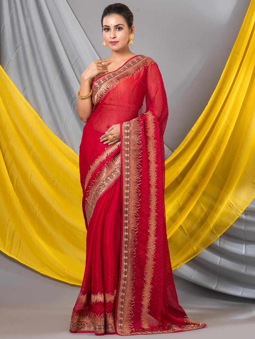 women solid with work bordered saree with blouse - 20830288 - Zoom Image - 0
