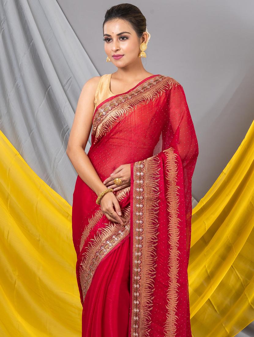 women solid with work bordered saree with blouse - 20830288 - Standard Image - 3