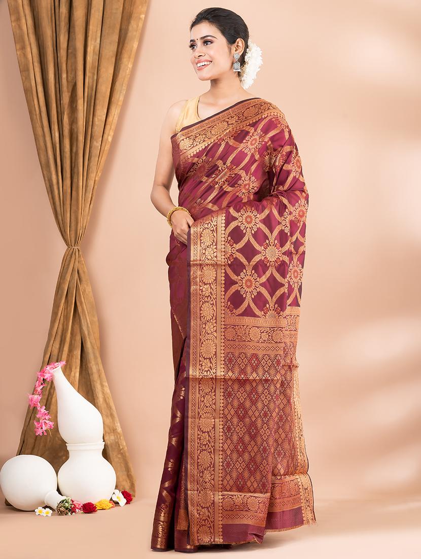 women maroon self design kanjivaram saree with blouse - 20830537 - Zoom Image - 0