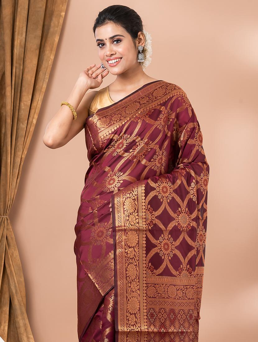 women maroon self design kanjivaram saree with blouse - 20830537 - Standard Image - 3