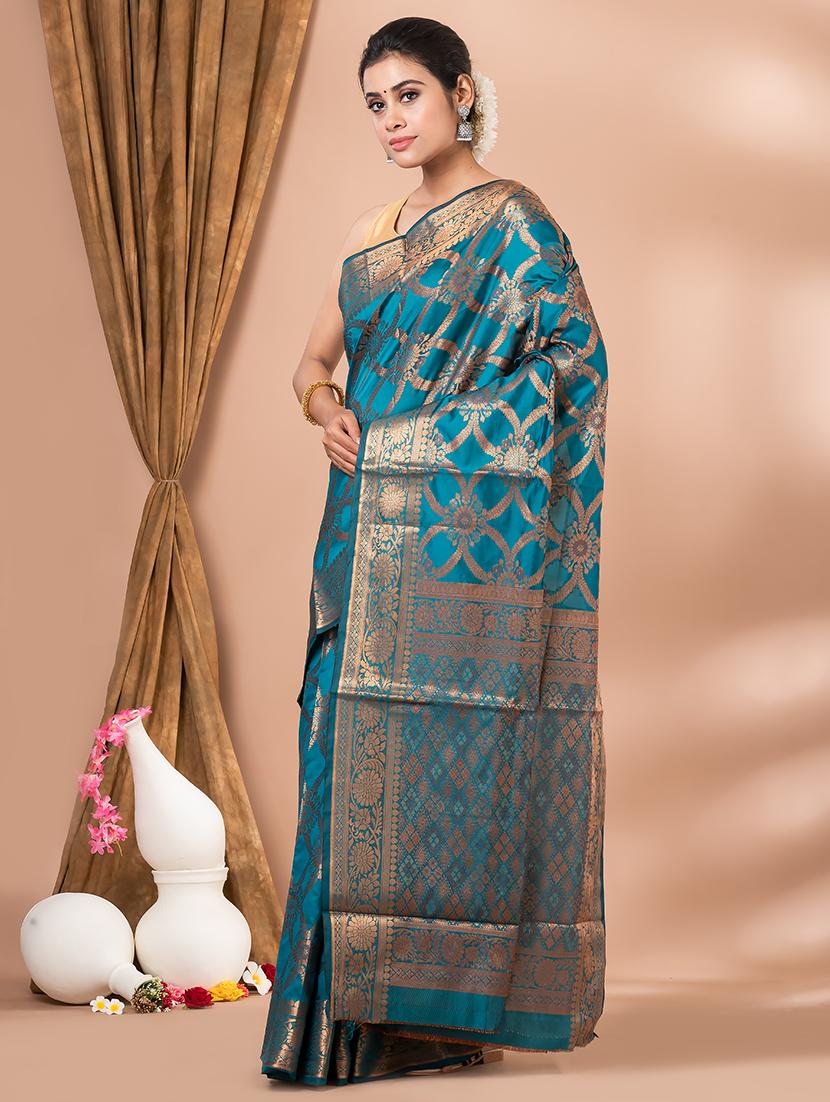 turquoise self design banarasi saree with blouse - 20830539 - Zoom Image - 0