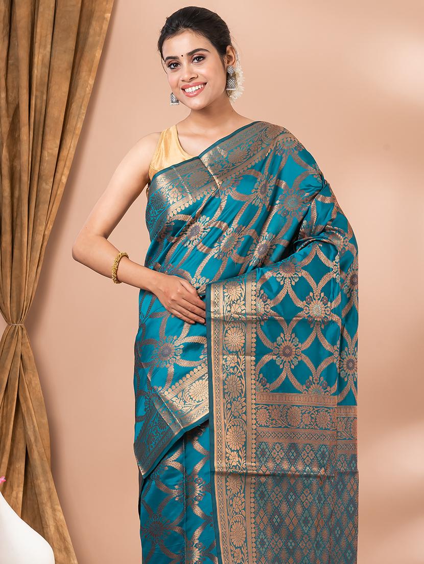 turquoise self design banarasi saree with blouse - 20830539 - Standard Image - 3
