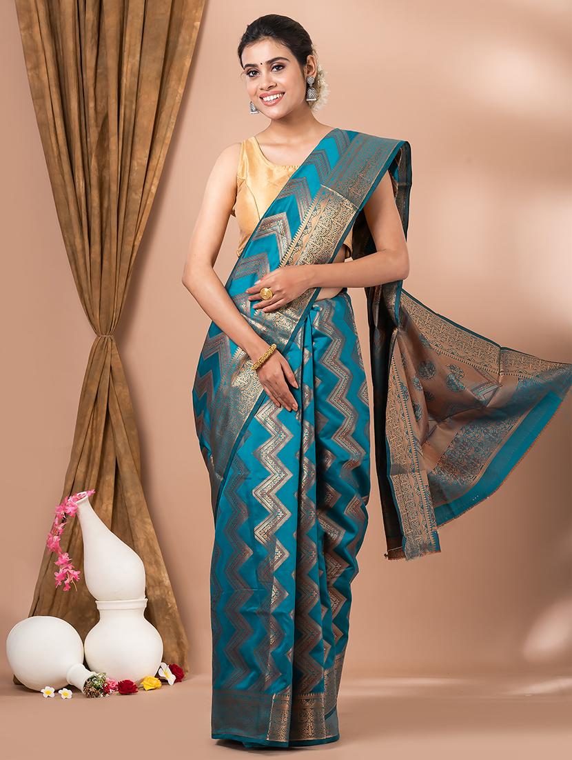 turquoise self design banarasi saree - 20830544 - Zoom Image - 0