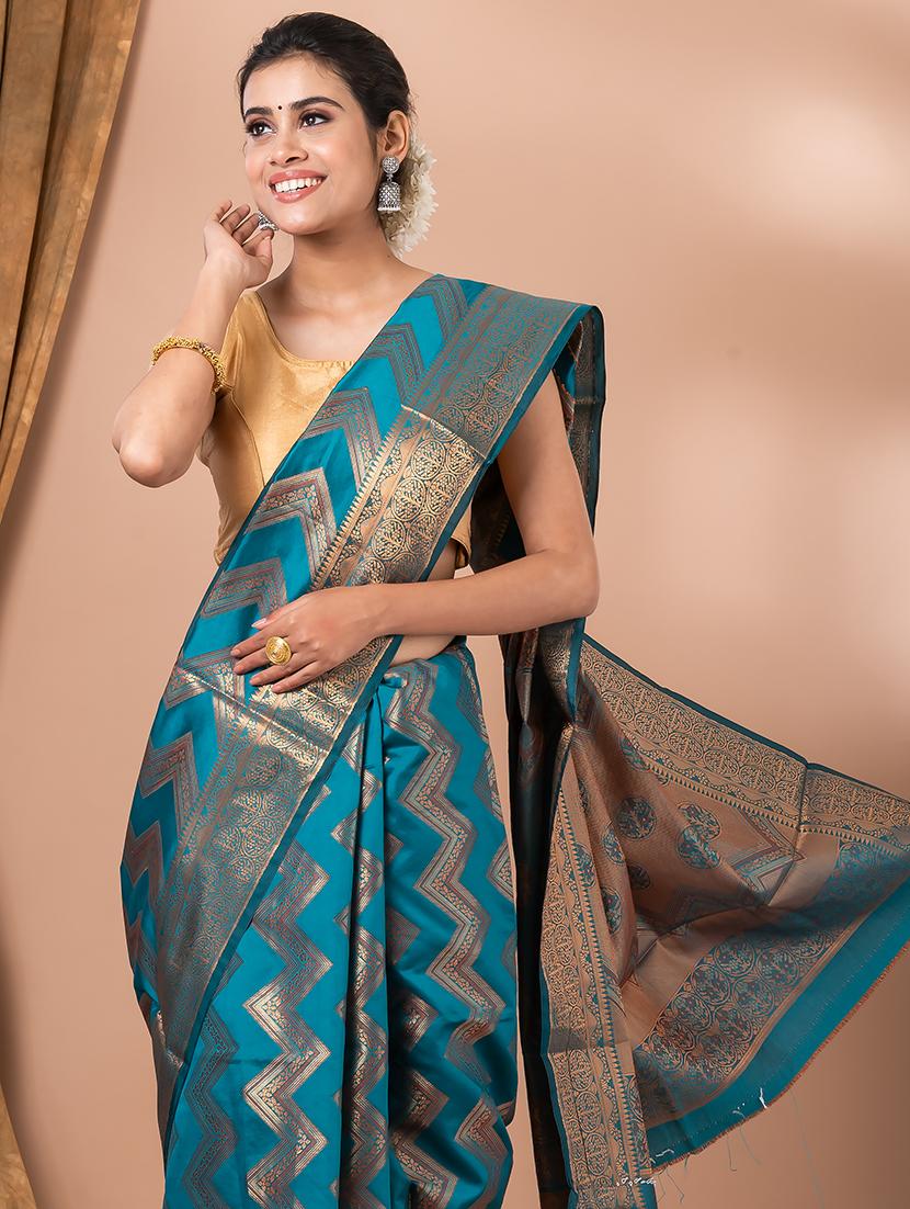 turquoise self design banarasi saree - 20830544 - Standard Image - 3