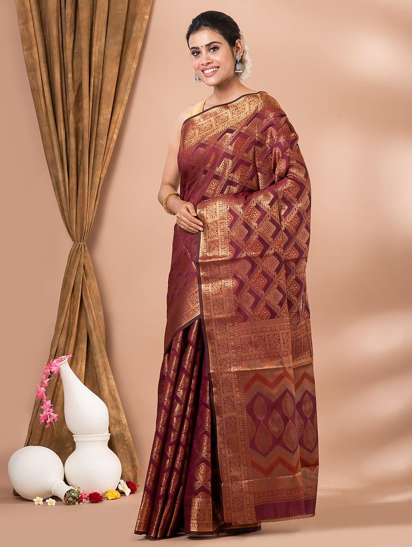 maroon self design banarasi saree with blouse - 20830548 - Zoom Image - 0