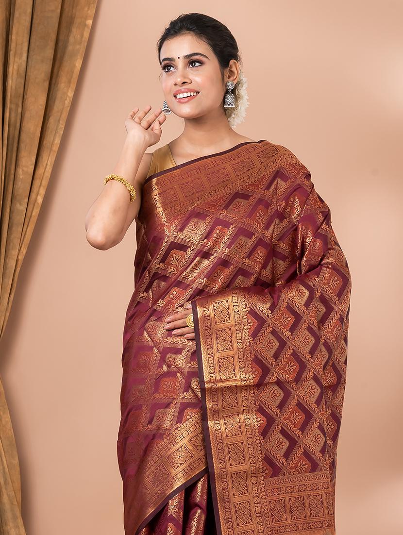 maroon self design banarasi saree with blouse - 20830548 - Standard Image - 3