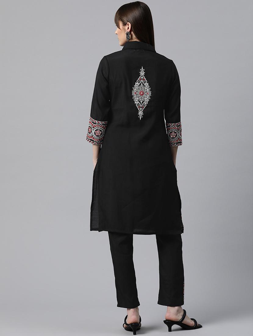 women black embroidered three quarter sleeve kurta pant set - 20831182 - Standard Image - 3