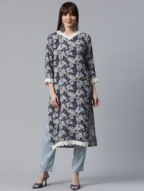women floral v neck kurta pant set - 20831191 -  Standard Image - 0