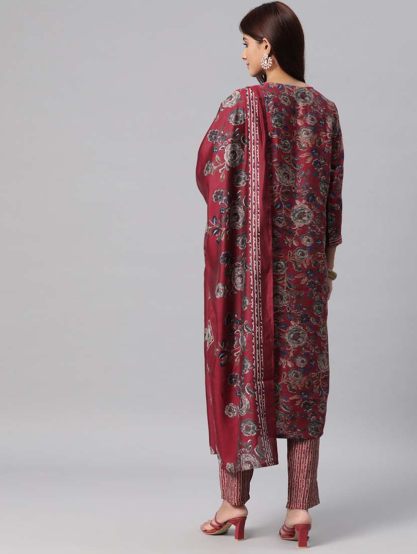 women maroon floral printed kurta pant set with dupatta - 20831206 -  Standard Image - 3