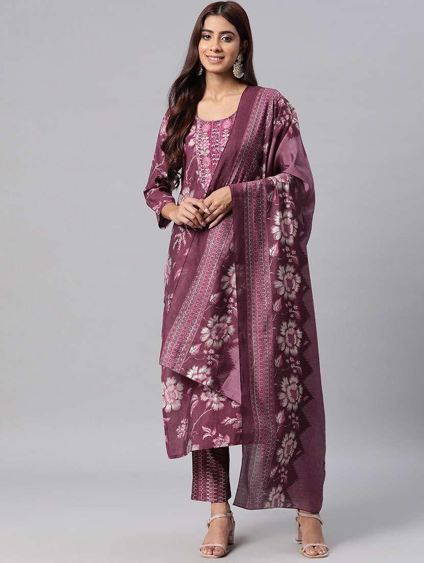 women mauve floral printed kurta pant set with dupatta - 20831213 -  Zoom Image - 0