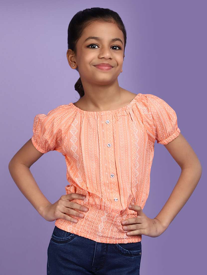 orange printed detailed casual top