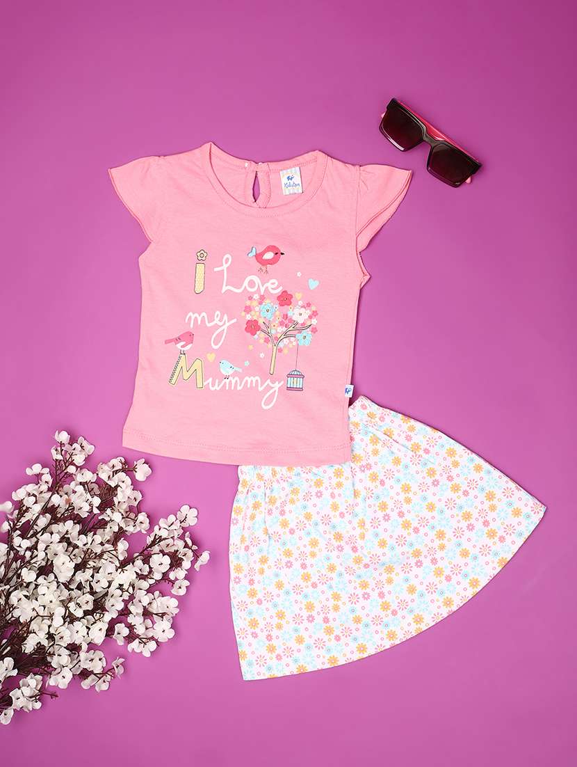 girls printed skirt top set