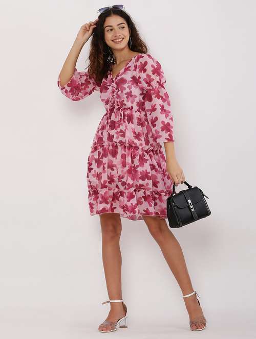 women pink floral printed fit & flare dress - 20832202 -  Standard Image - 0