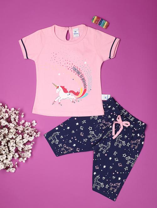 kids pink cotton 3/4th twin set - 20836666 - Standard Image - 0