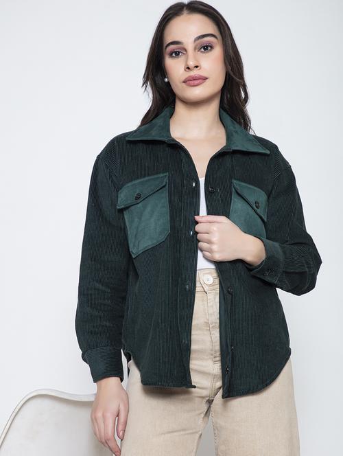 women bottle green cotton corduroy shacket - 20840451 -  Standard Image - 0