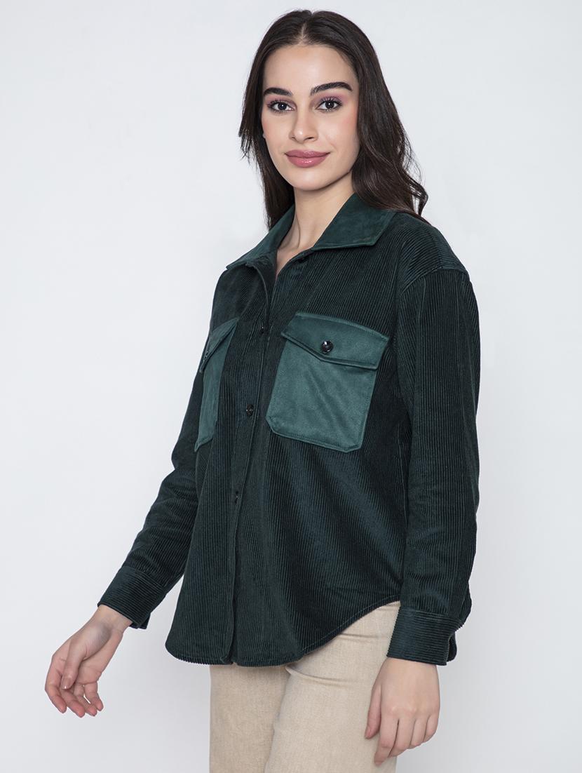 women bottle green cotton corduroy shacket - 20840451 - Standard Image - 3