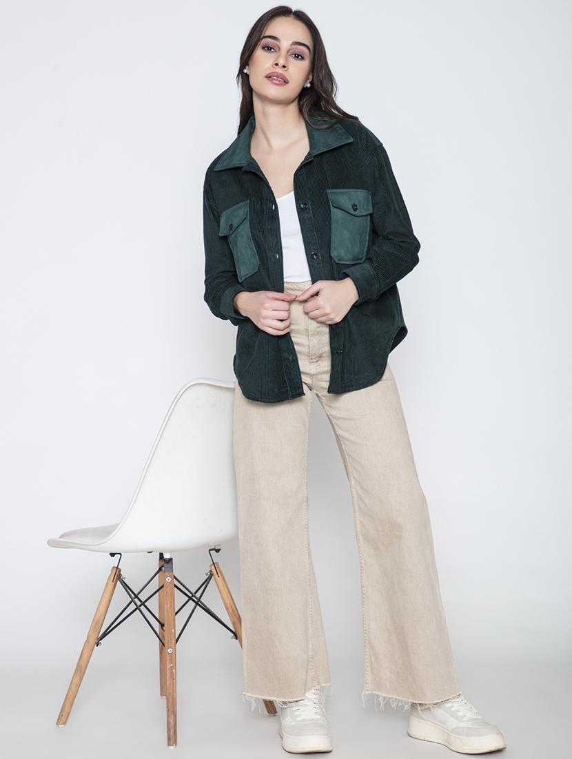 women bottle green cotton corduroy shacket - 20840451 - Standard Image - 5