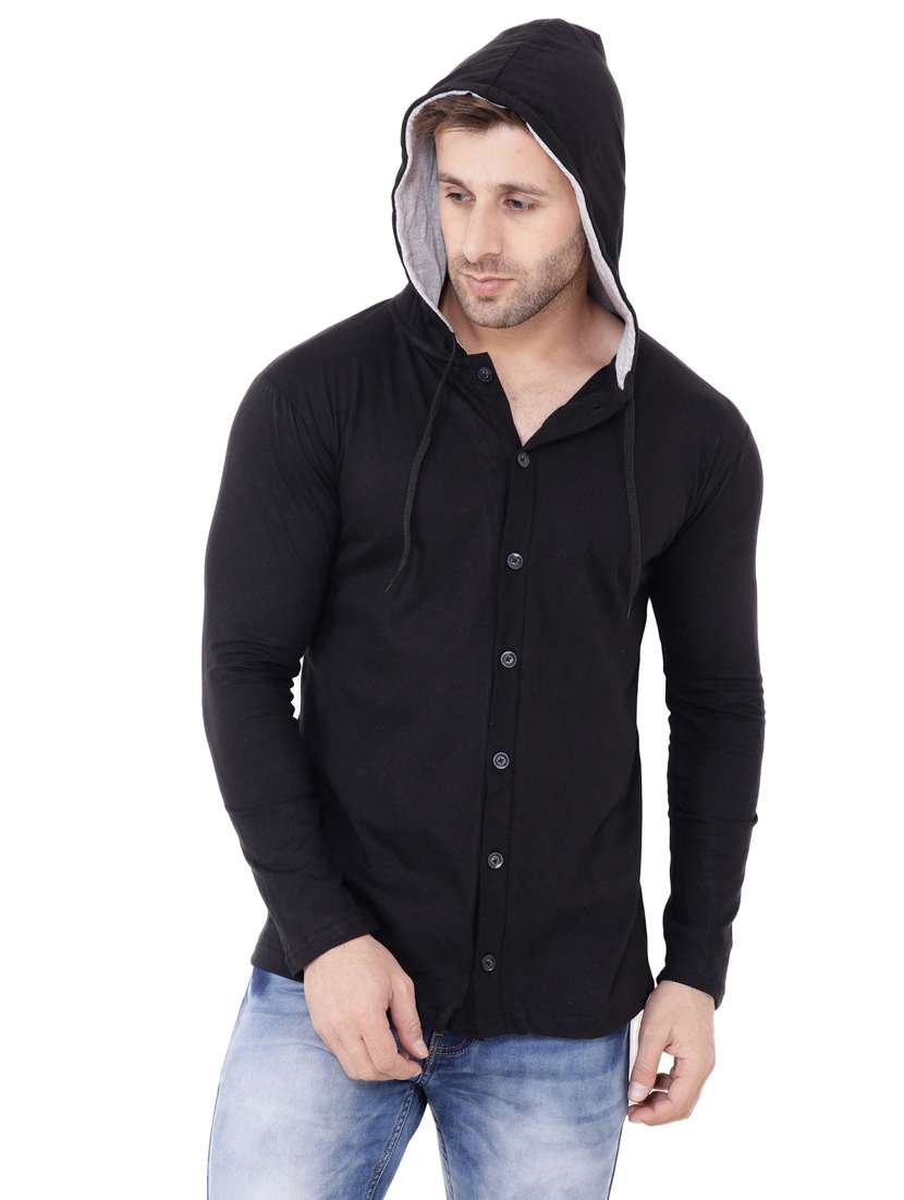 black solid cotton hooded casual shirt