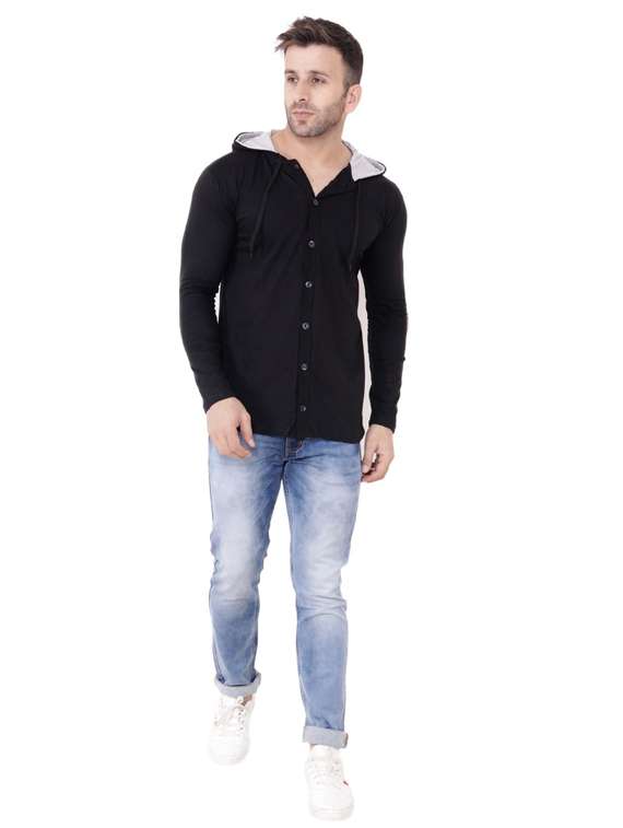 black solid cotton hooded casual shirt - 20840565 -  Standard Image - 3