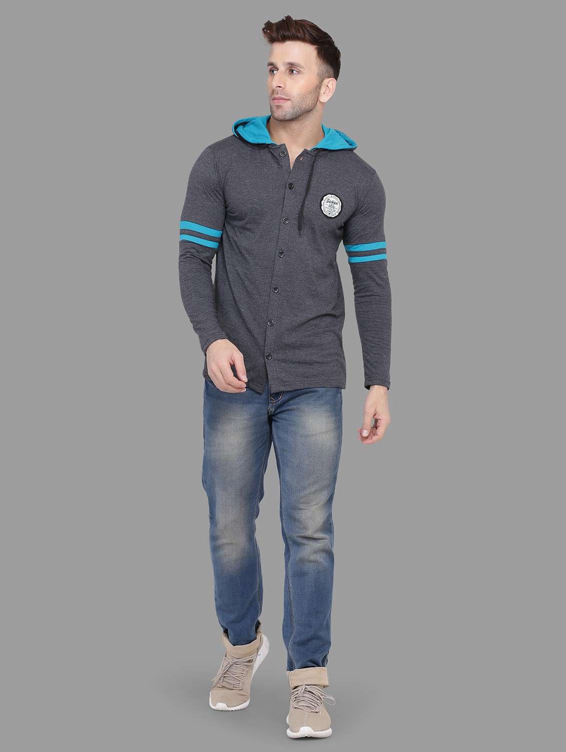 men slim fit long sleeve hooded shirt - 20840575 -  Standard Image - 3
