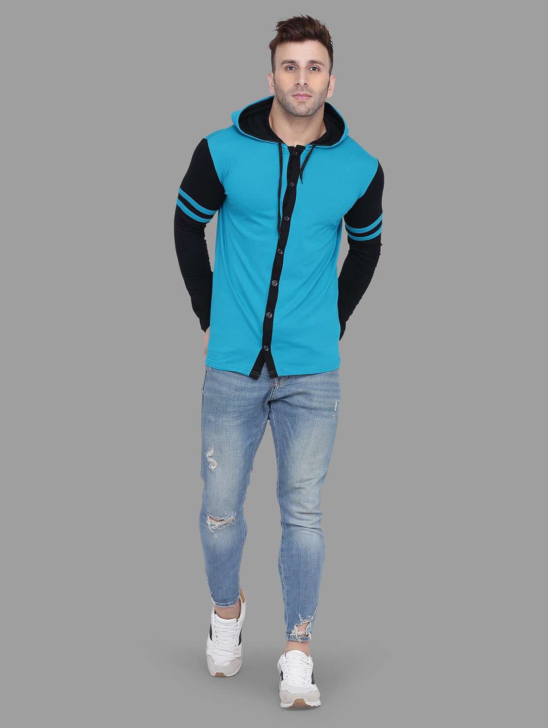 men hood neck color block casual shirt - 20840589 -  Standard Image - 3