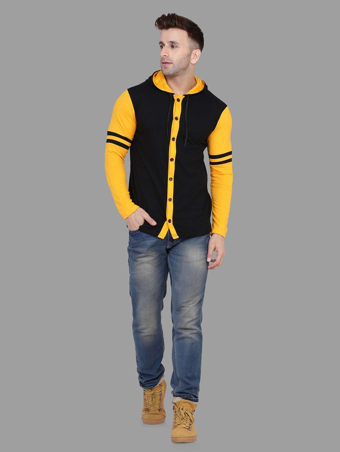 men hood neck color block casual shirt - 20840597 -  Standard Image - 3
