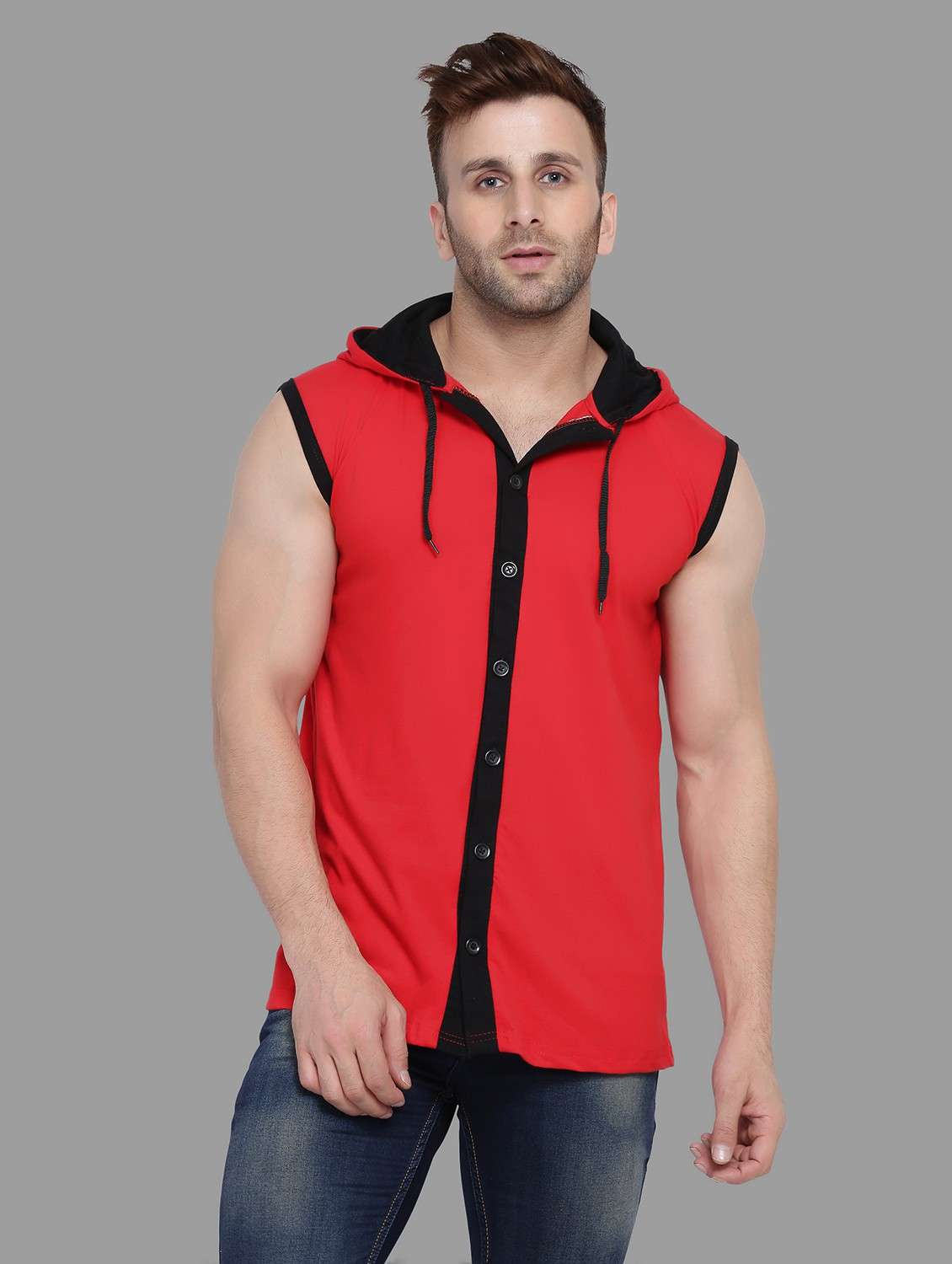 men hood neck solid sleeveless casual shirt
