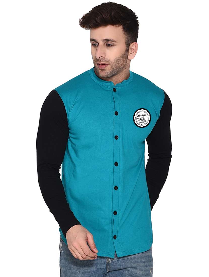 men mandarin neck color block casual shirt