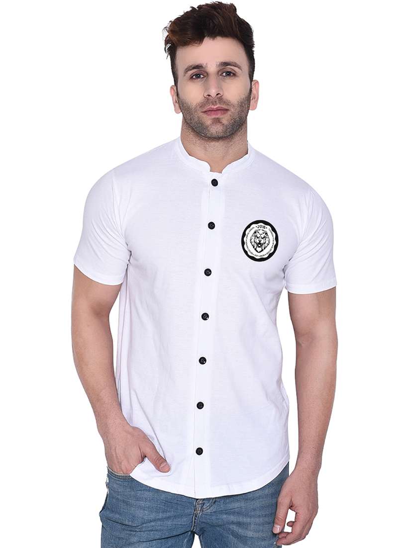 men mandarin neck placement printed casual shirt