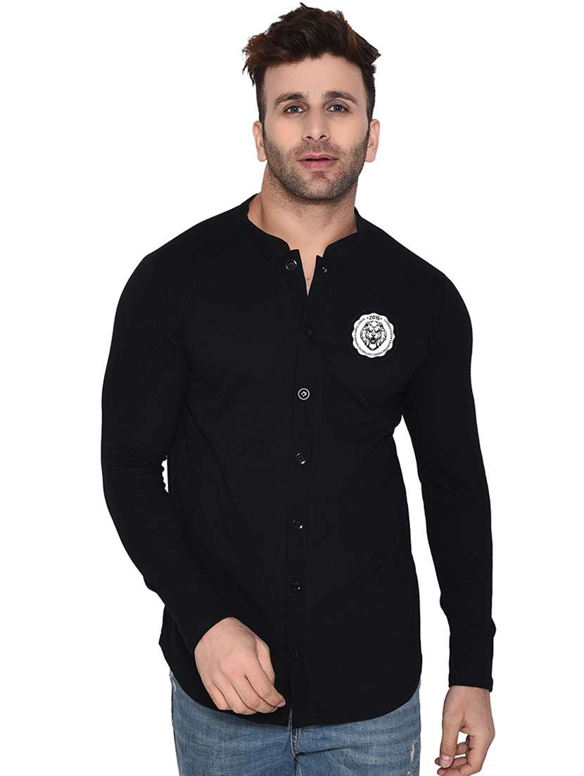 men mandarin neck placement printed casual shirt
