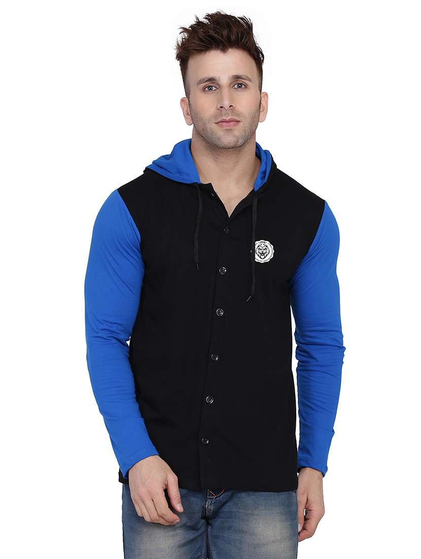 black & blue colourblocked detailed hooded shirt