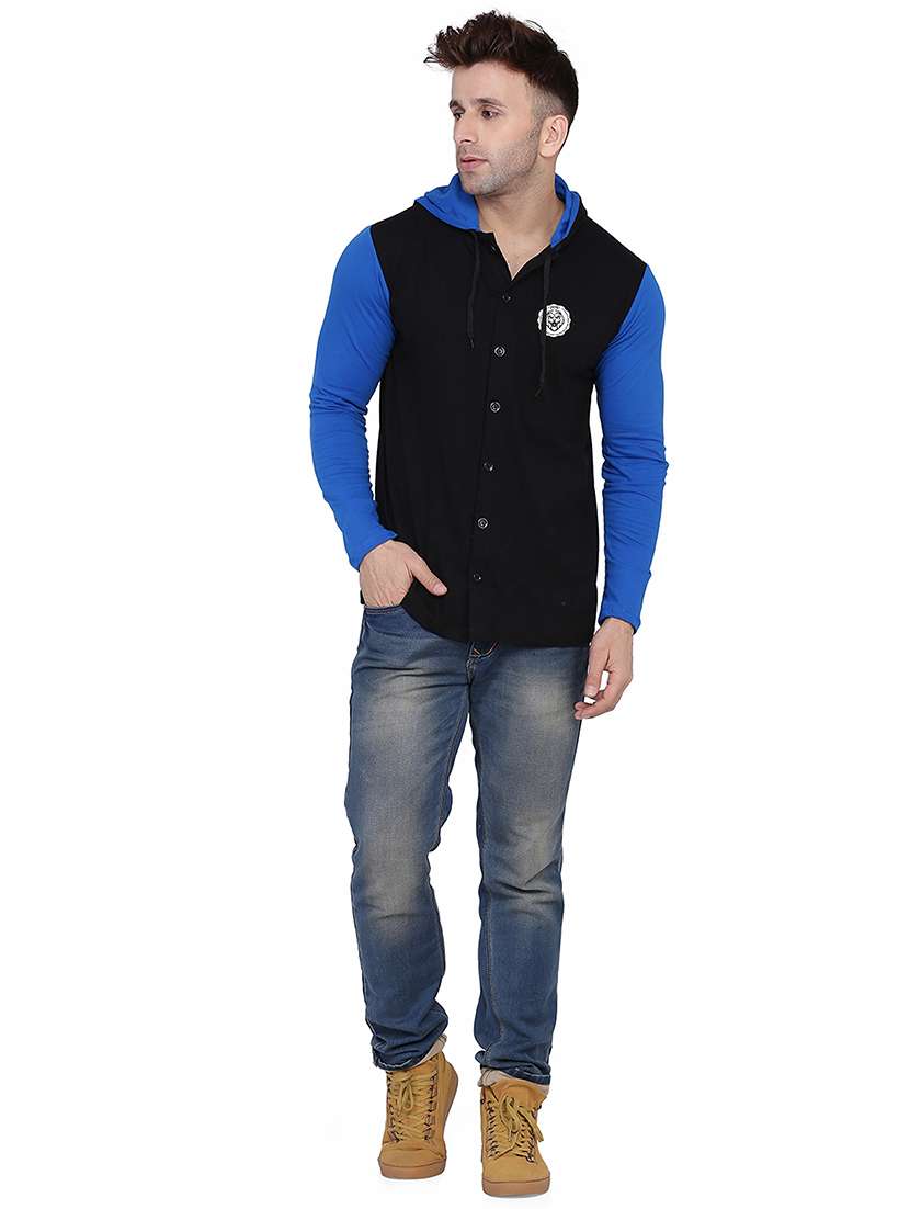 black & blue colourblocked detailed hooded shirt - 20841074 -  Standard Image - 3